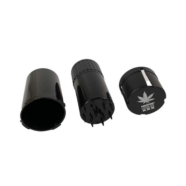 grinder de plastico negro de 3 partes con logo barcelona legalize con almacenamiento