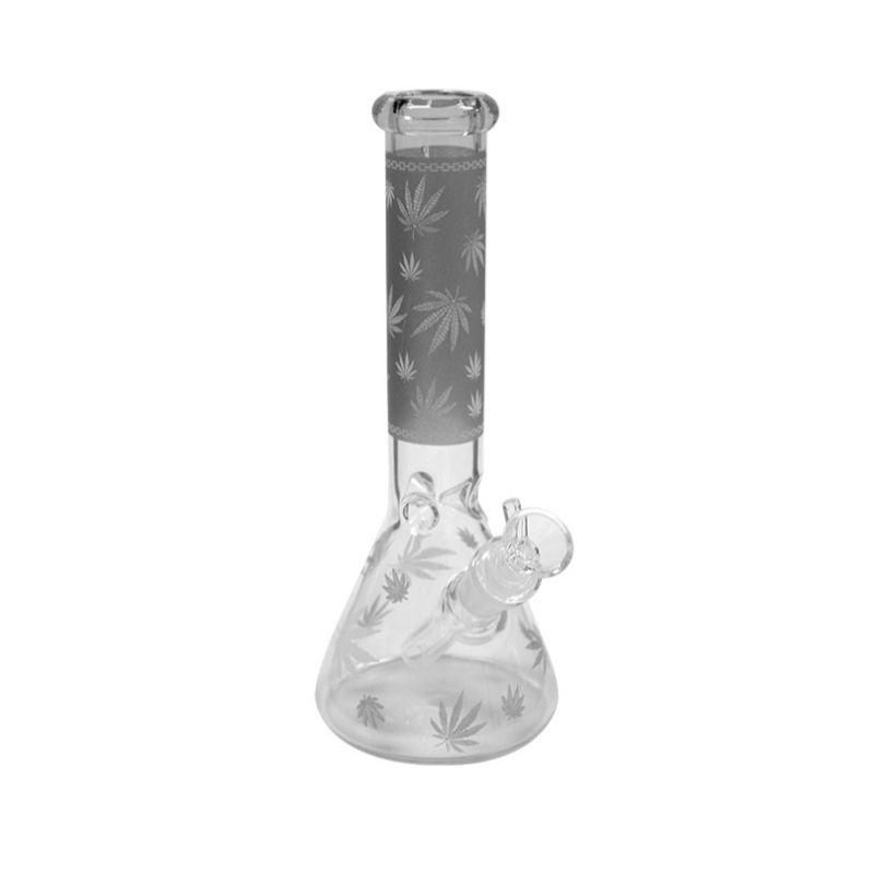 bong de vidrio gris con hojas de cannabis