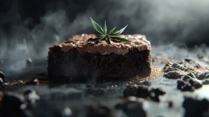 Cannabis brownie with crumbs around it. Made with AI