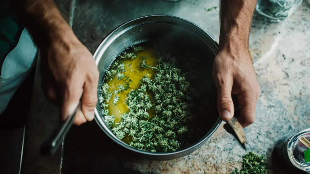 Person infusing cannabis with butter. Made with AI